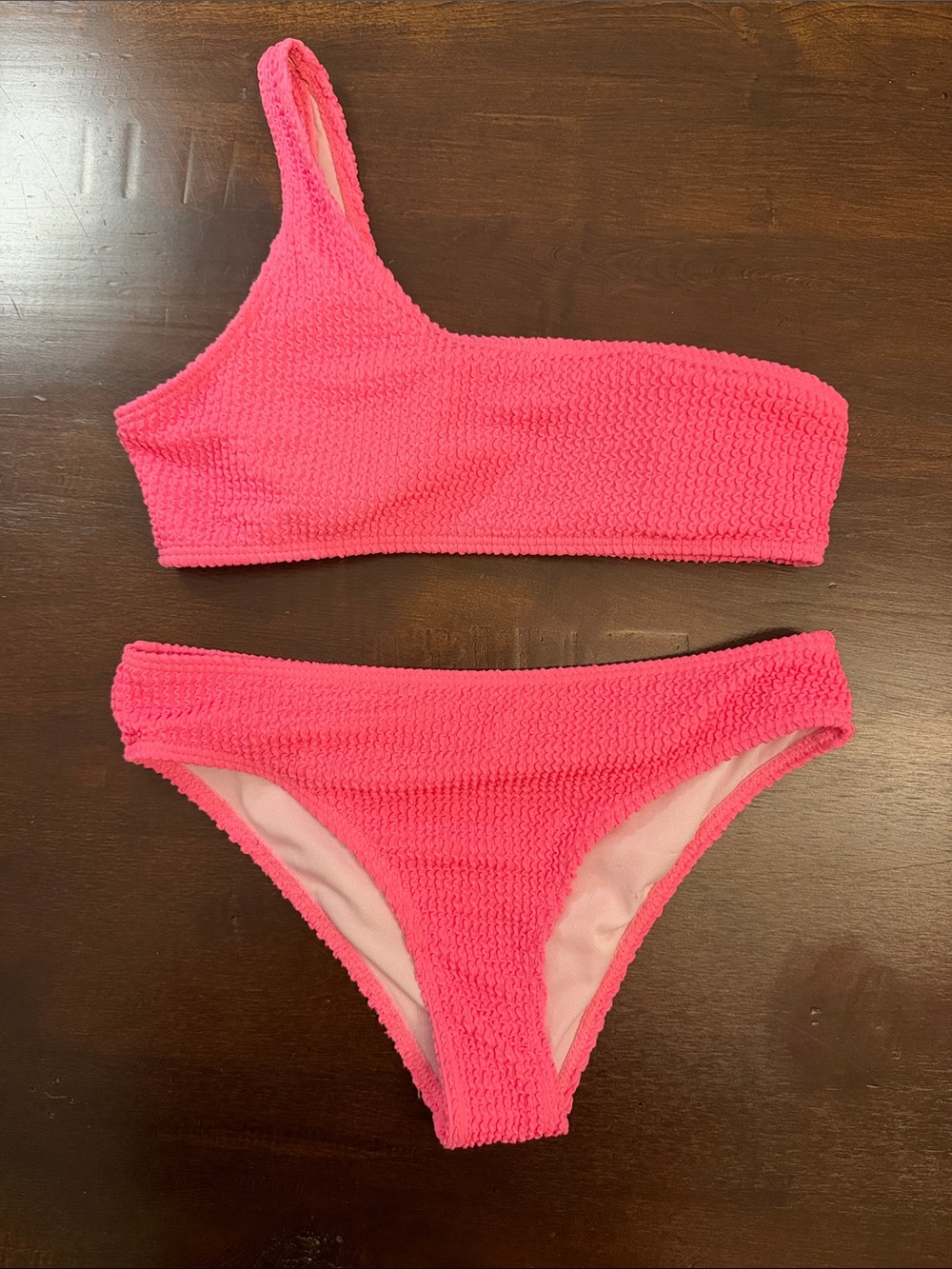 One-Shoulder Textured Pink Bikini Set